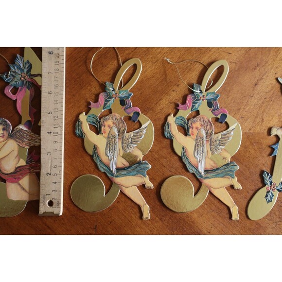 Lot 6x Victorian Die Cut Out Christmas Ornament Angel Cherub Musical Note Bows - Picture 3 of 12
